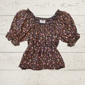 Old Navy Black Floral Smocked Puff-Sleeve Peasant Top - Pink & Brown